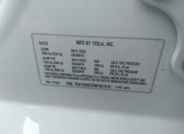 Photo 8 VIN: 7SAYGDEE2NF467510 - TESLA MODEL Y 