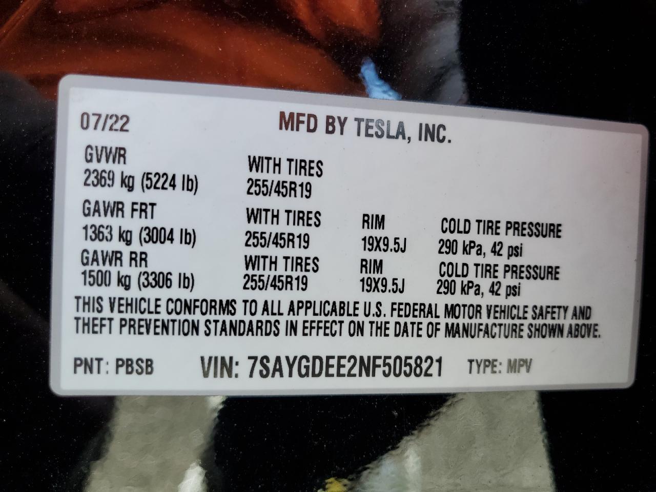 Photo 12 VIN: 7SAYGDEE2NF505821 - TESLA MODEL Y 