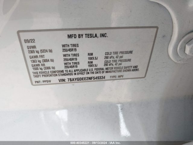 Photo 8 VIN: 7SAYGDEE2NF549334 - TESLA MODEL Y 