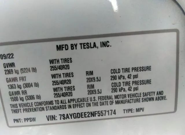 Photo 8 VIN: 7SAYGDEE2NF557174 - TESLA MODEL Y 