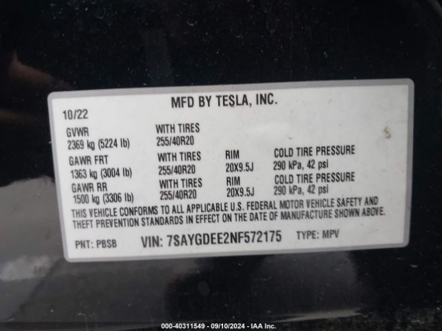 Photo 8 VIN: 7SAYGDEE2NF572175 - TESLA MODEL Y 