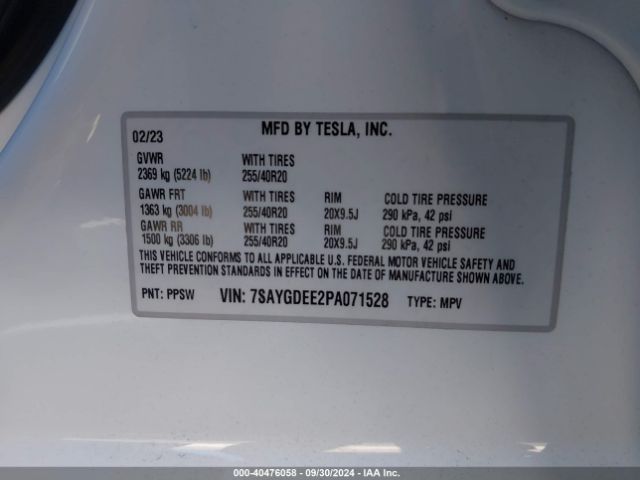 Photo 8 VIN: 7SAYGDEE2PA071528 - TESLA MODEL Y 