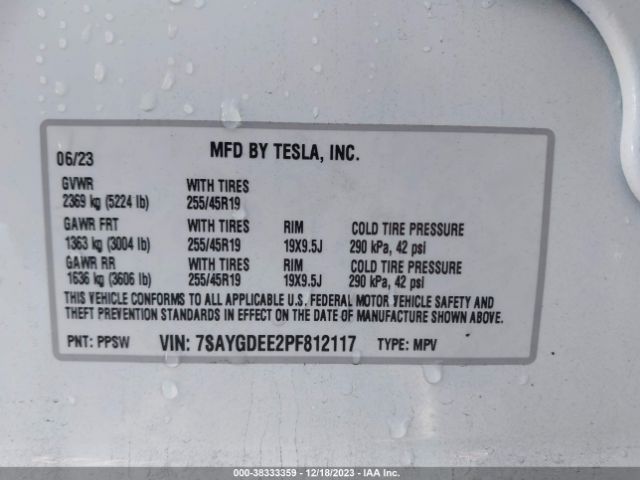 Photo 8 VIN: 7SAYGDEE2PF812117 - TESLA MODEL Y 