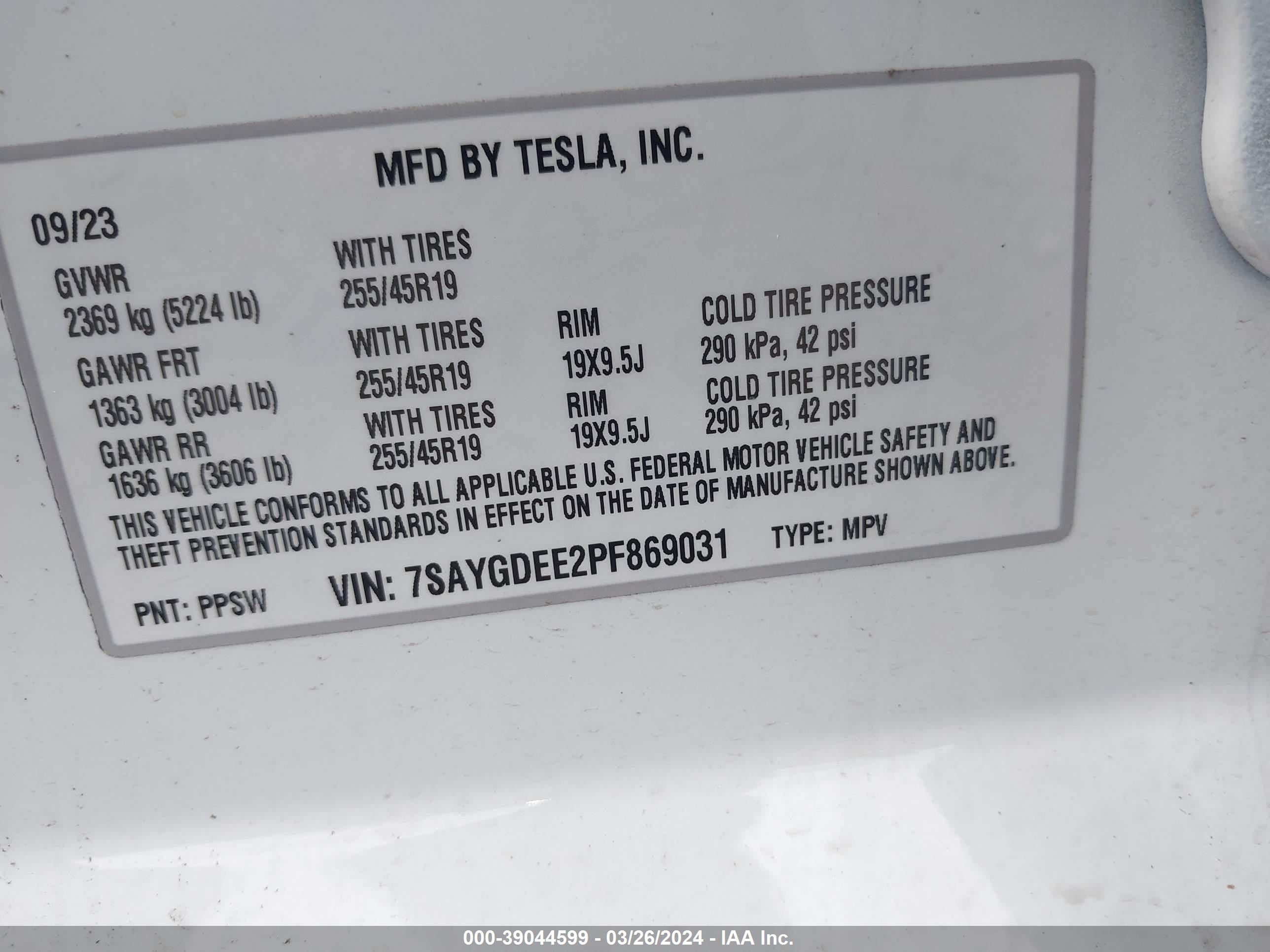 Photo 8 VIN: 7SAYGDEE2PF869031 - TESLA MODEL Y 