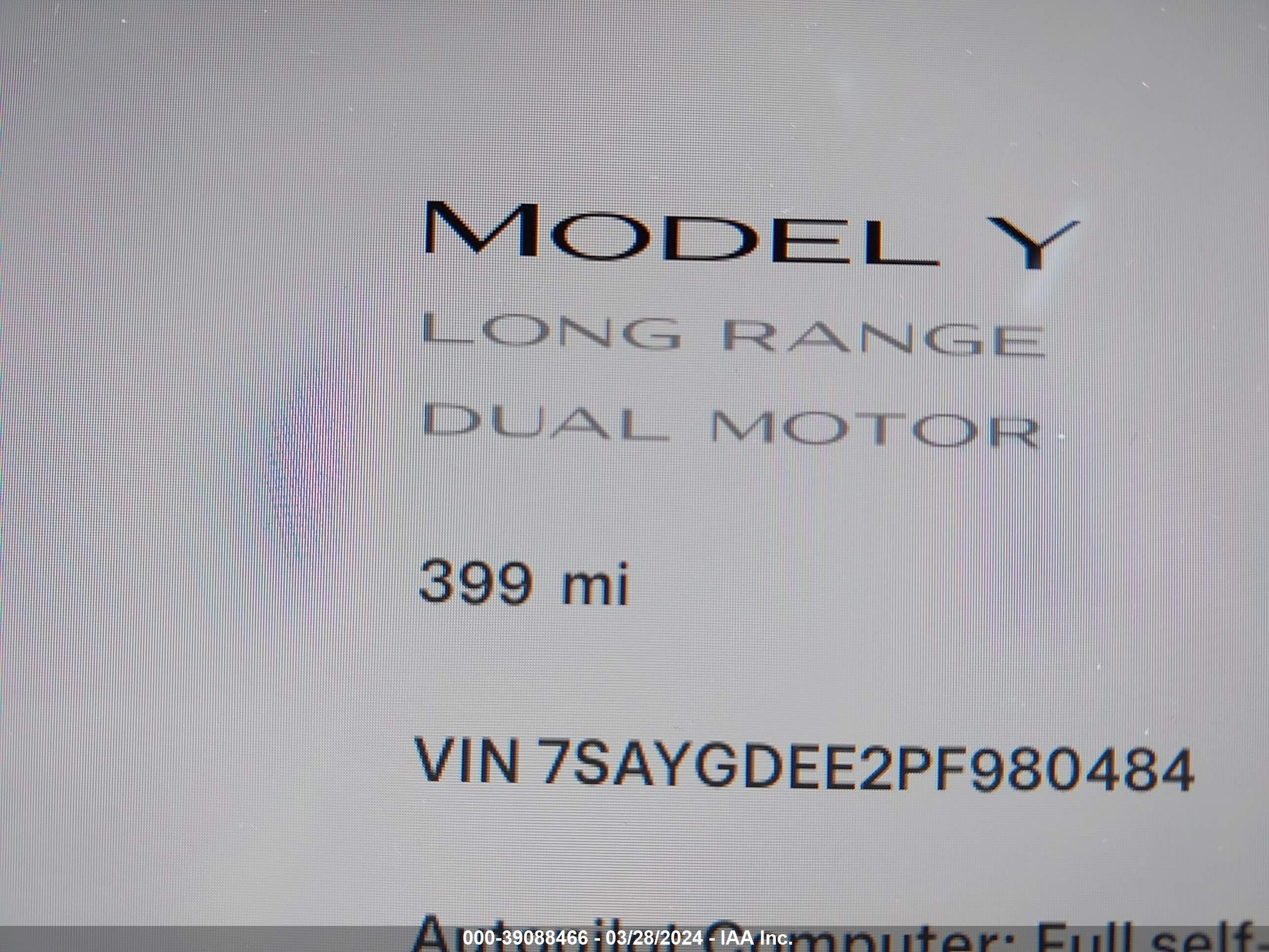 Photo 14 VIN: 7SAYGDEE2PF980484 - TESLA MODEL Y 