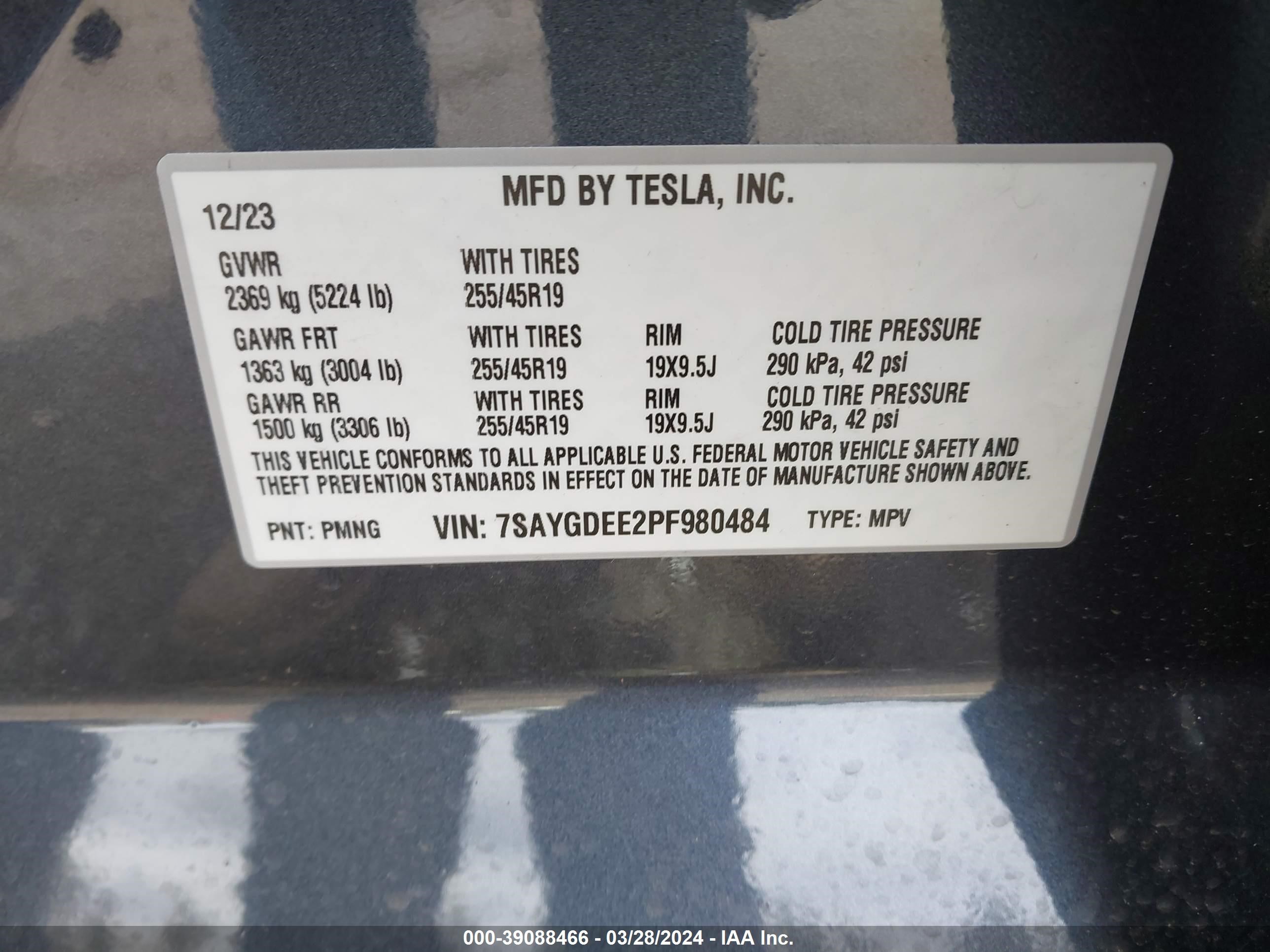 Photo 8 VIN: 7SAYGDEE2PF980484 - TESLA MODEL Y 