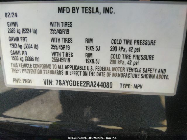 Photo 8 VIN: 7SAYGDEE2RA244080 - TESLA MODEL Y 