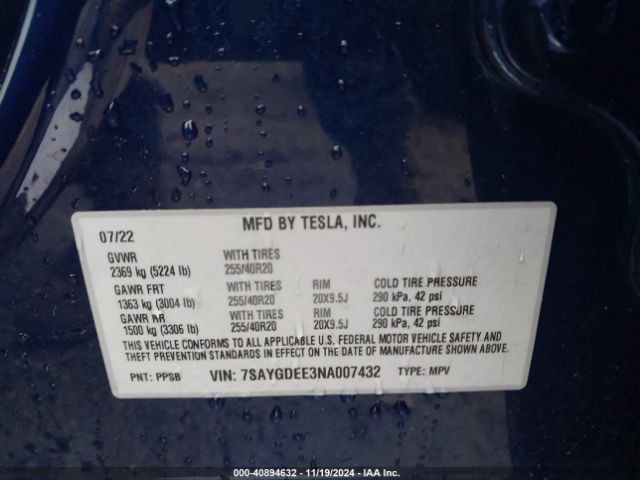 Photo 8 VIN: 7SAYGDEE3NA007432 - TESLA MODEL Y 