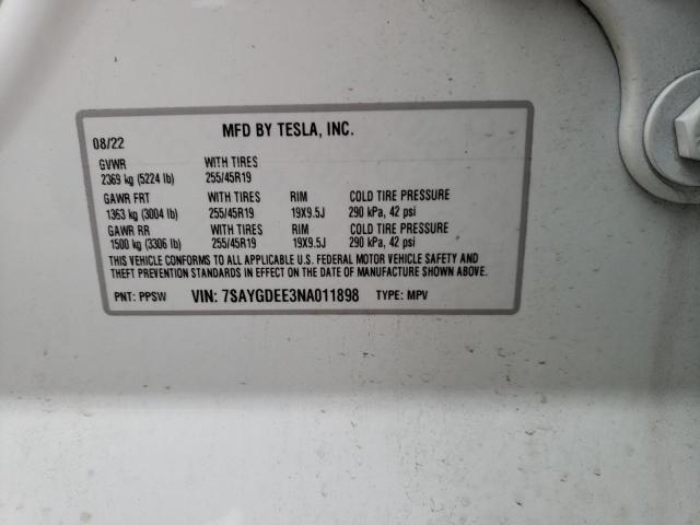 Photo 11 VIN: 7SAYGDEE3NA011898 - TESLA MODEL Y 