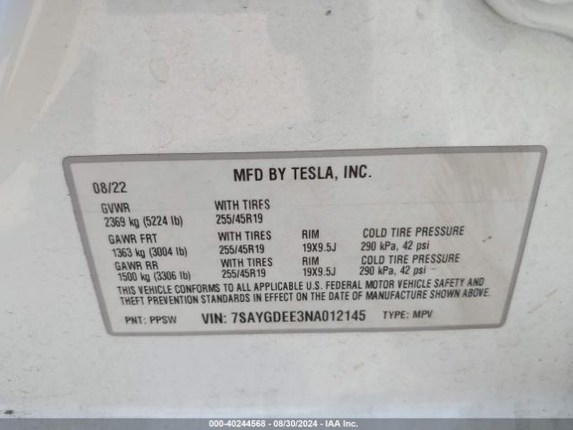 Photo 8 VIN: 7SAYGDEE3NA012145 - TESLA MODEL Y 