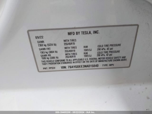 Photo 8 VIN: 7SAYGDEE3NA015840 - TESLA MODEL Y 