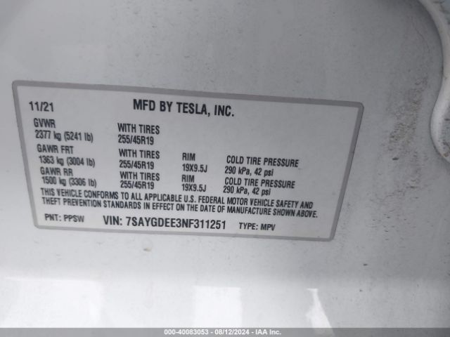 Photo 8 VIN: 7SAYGDEE3NF311251 - TESLA MODEL Y 