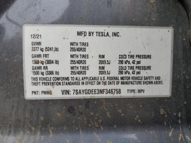 Photo 11 VIN: 7SAYGDEE3NF346758 - TESLA MODEL Y 