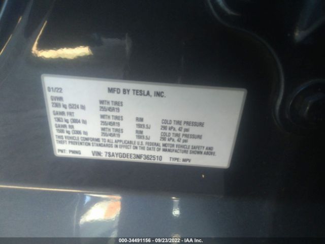 Photo 8 VIN: 7SAYGDEE3NF362510 - TESLA MODEL Y 