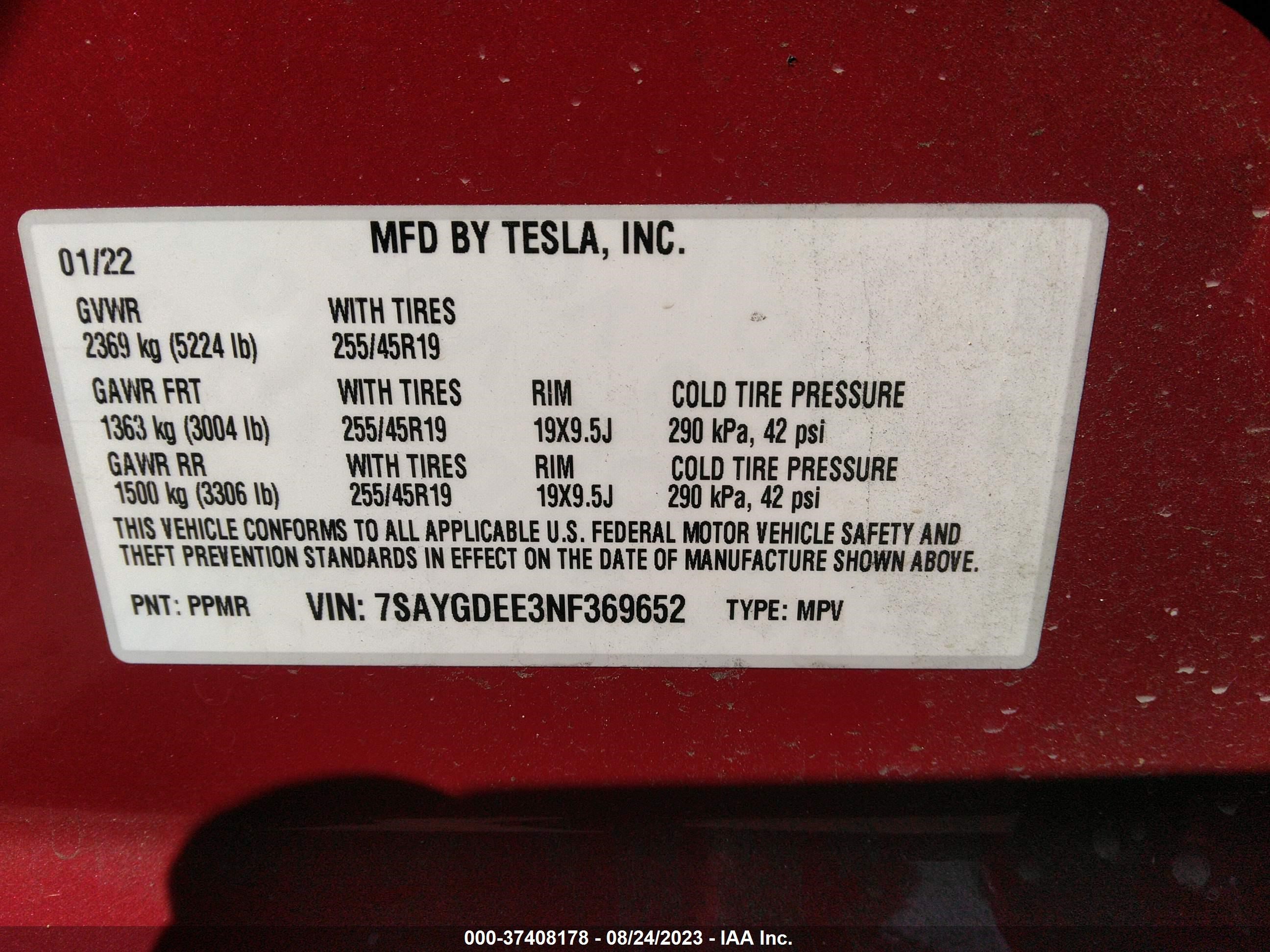 Photo 7 VIN: 7SAYGDEE3NF369652 - TESLA MODEL Y 