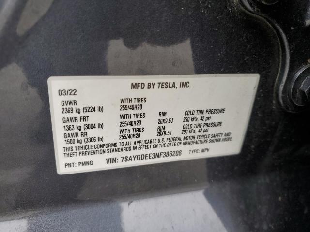 Photo 12 VIN: 7SAYGDEE3NF386208 - TESLA MODEL Y 