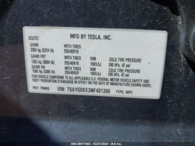 Photo 8 VIN: 7SAYGDEE3NF401368 - TESLA MODEL Y 