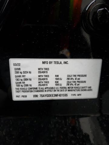 Photo 12 VIN: 7SAYGDEE3NF401595 - TESLA MODEL Y 