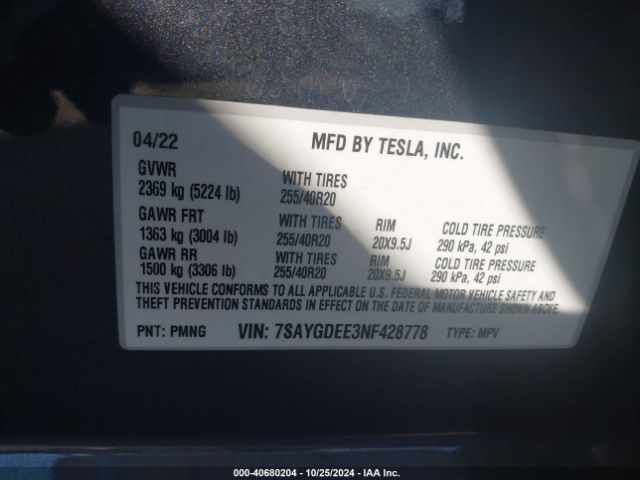 Photo 8 VIN: 7SAYGDEE3NF428778 - TESLA MODEL Y 