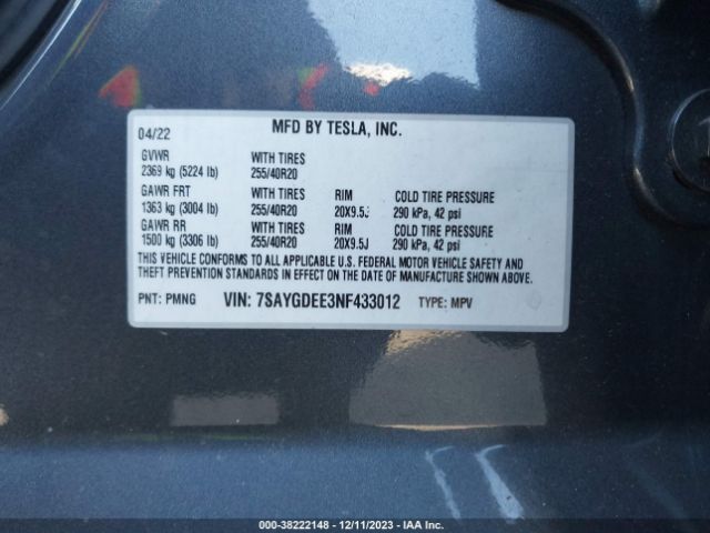 Photo 8 VIN: 7SAYGDEE3NF433012 - TESLA MODEL Y 