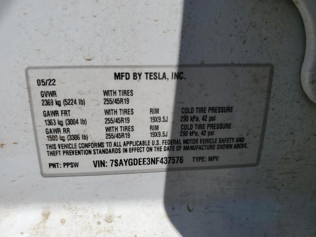 Photo 12 VIN: 7SAYGDEE3NF437576 - TESLA MODEL Y 