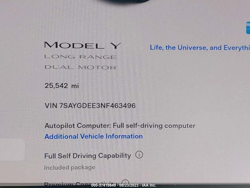 Photo 12 VIN: 7SAYGDEE3NF463496 - TESLA MODEL Y 