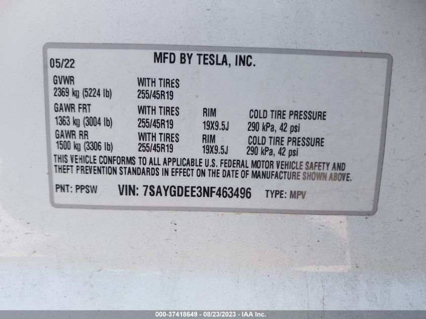 Photo 8 VIN: 7SAYGDEE3NF463496 - TESLA MODEL Y 