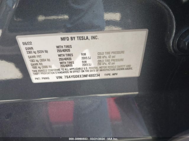 Photo 8 VIN: 7SAYGDEE3NF480234 - TESLA MODEL Y 