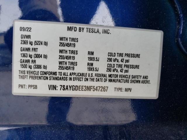 Photo 11 VIN: 7SAYGDEE3NF547267 - TESLA MODEL Y 