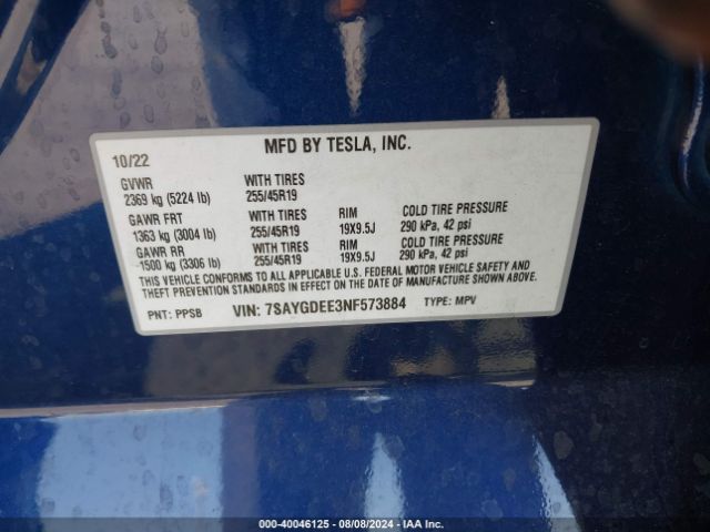 Photo 8 VIN: 7SAYGDEE3NF573884 - TESLA MODEL Y 