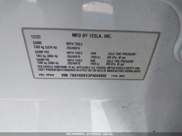 Photo 8 VIN: 7SAYGDEE3PA045892 - TESLA MODEL Y 