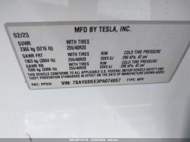 Photo 8 VIN: 7SAYGDEE3PA074857 - TESLA MODEL Y 