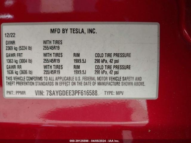 Photo 8 VIN: 7SAYGDEE3PF616588 - TESLA MODEL Y 