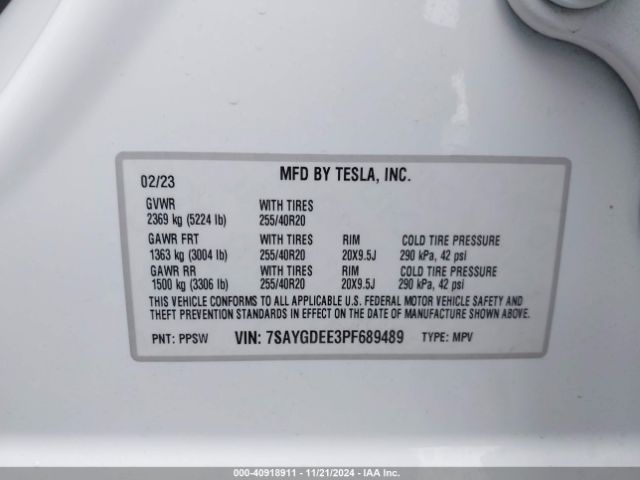 Photo 8 VIN: 7SAYGDEE3PF689489 - TESLA MODEL Y 