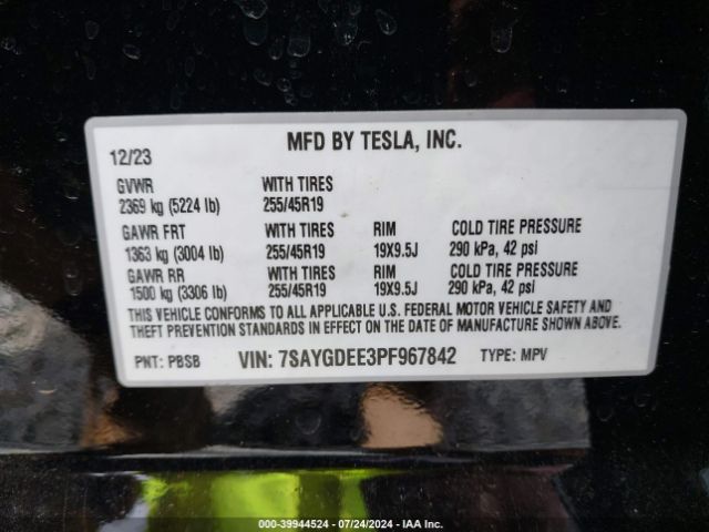 Photo 8 VIN: 7SAYGDEE3PF967842 - TESLA MODEL Y 