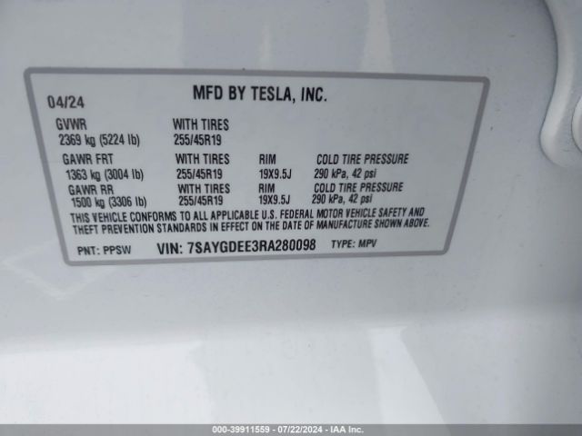 Photo 8 VIN: 7SAYGDEE3RA280098 - TESLA MODEL Y 