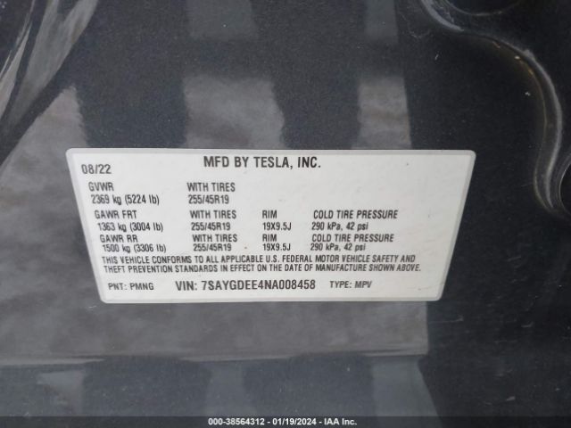 Photo 8 VIN: 7SAYGDEE4NA008458 - TESLA MODEL Y 