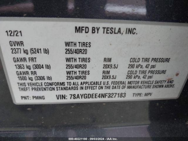 Photo 8 VIN: 7SAYGDEE4NF327183 - TESLA MODEL Y 