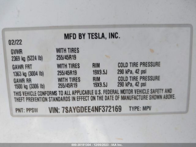 Photo 8 VIN: 7SAYGDEE4NF372169 - TESLA MODEL Y 