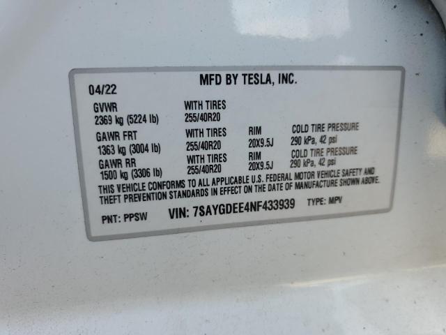 Photo 12 VIN: 7SAYGDEE4NF433939 - TESLA MODEL Y 