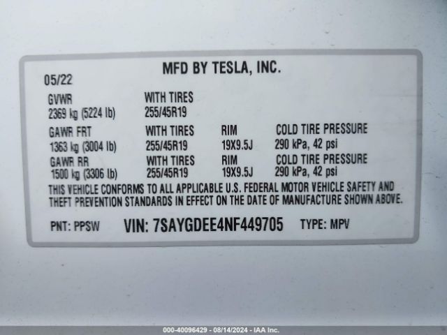 Photo 8 VIN: 7SAYGDEE4NF449705 - TESLA MODEL Y 