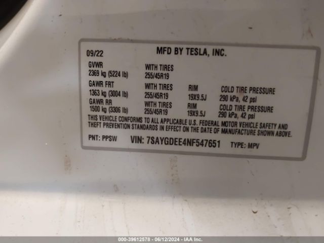 Photo 8 VIN: 7SAYGDEE4NF547651 - TESLA MODEL Y 