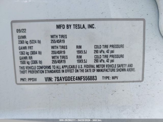 Photo 8 VIN: 7SAYGDEE4NF556883 - TESLA MODEL Y 