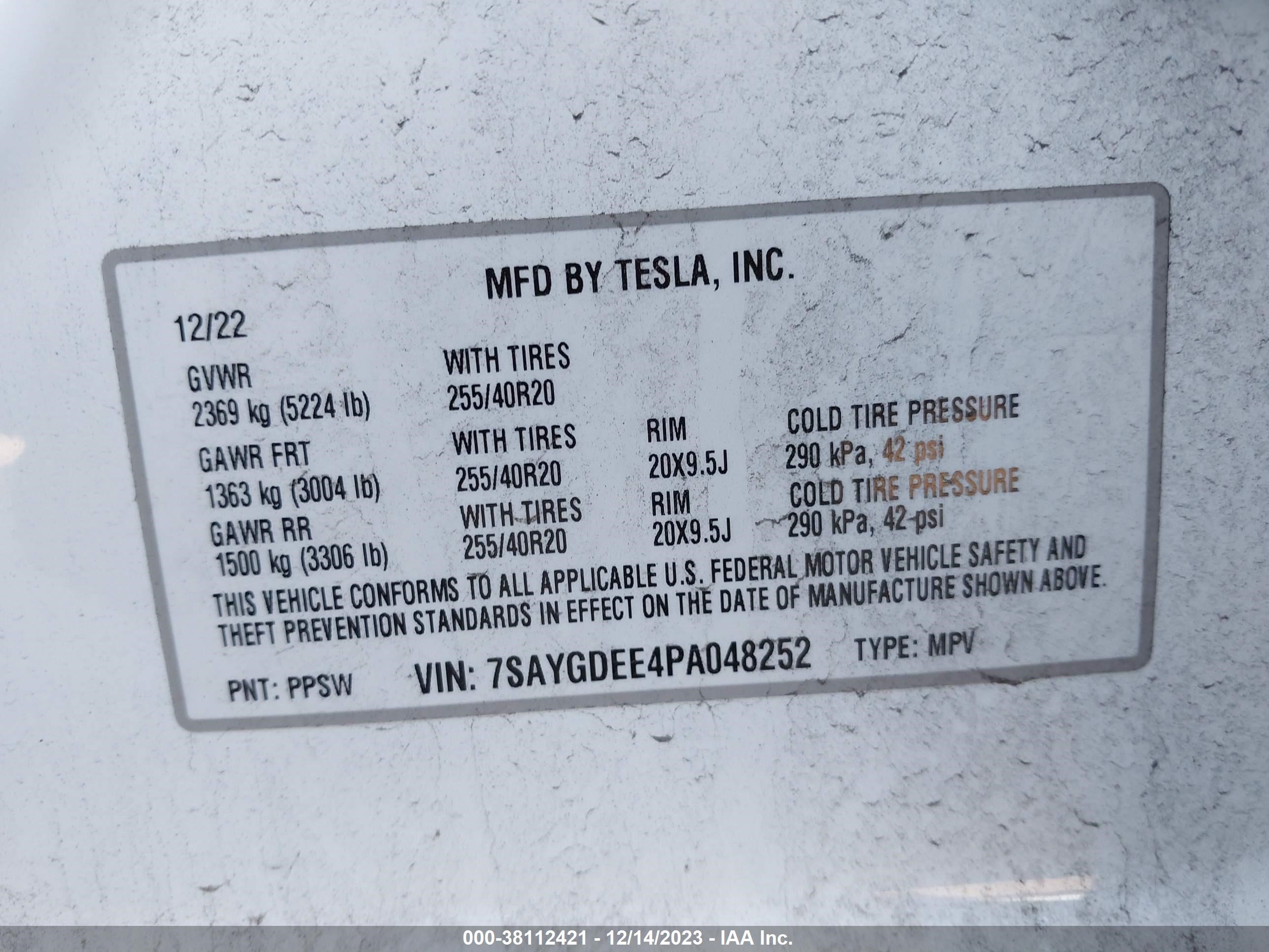 Photo 7 VIN: 7SAYGDEE4PA048252 - TESLA MODEL Y 