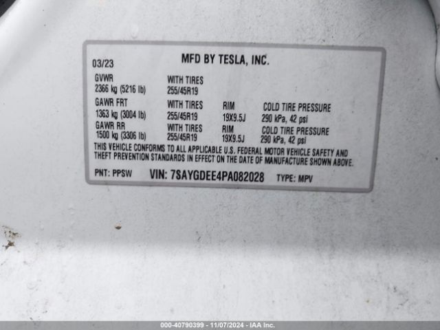 Photo 8 VIN: 7SAYGDEE4PA082028 - TESLA MODEL Y 