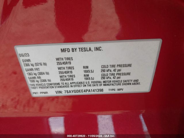 Photo 8 VIN: 7SAYGDEE4PA141398 - TESLA MODEL Y 