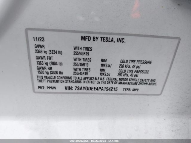 Photo 8 VIN: 7SAYGDEE4PA194215 - TESLA MODEL Y 