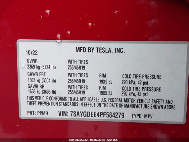 Photo 8 VIN: 7SAYGDEE4PF584279 - TESLA MODEL Y 