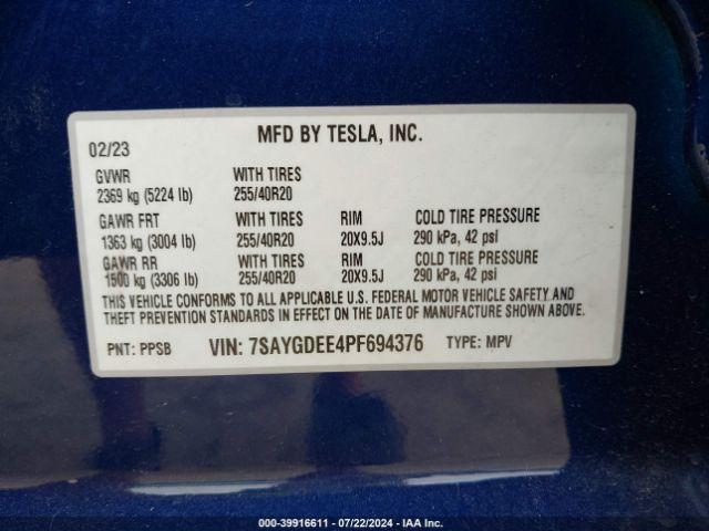 Photo 8 VIN: 7SAYGDEE4PF694376 - TESLA MODEL Y 