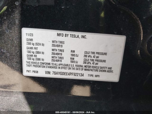 Photo 8 VIN: 7SAYGDEE4PF922134 - TESLA MODEL Y 